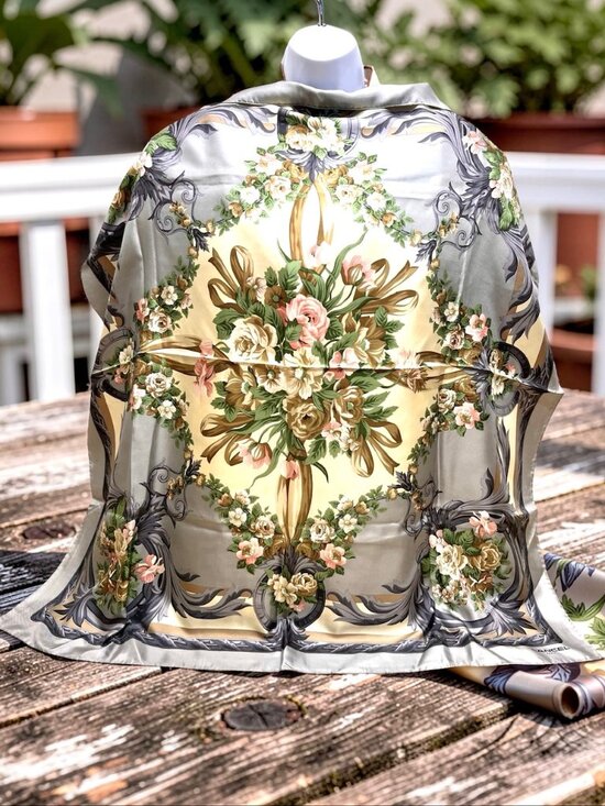 Lancel Accessories - Beautiful  Lancel Paris 100% Silk Satin Scarf 34" beige olive green floral  (34